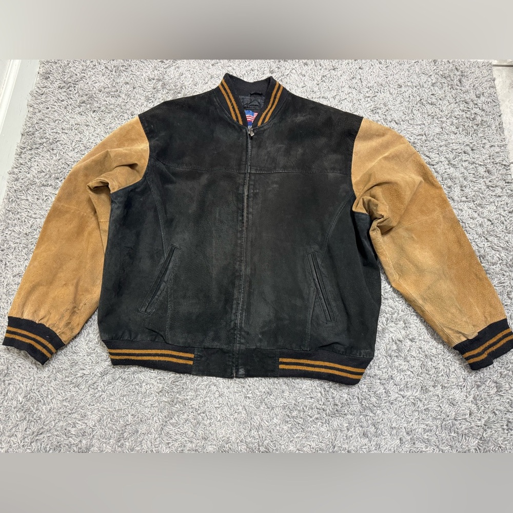 Vintage Men's  Black and Tan Suede Bomber Jacket XL